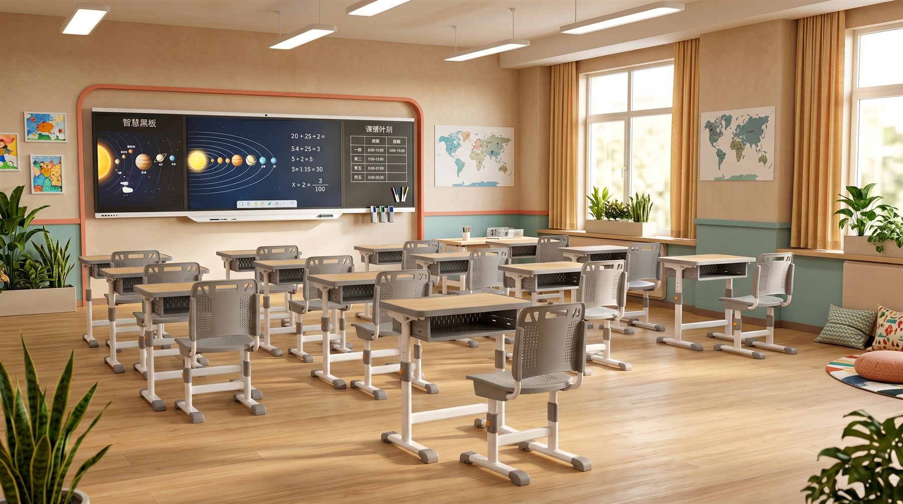 Classroom furniture layout with student desks and chairs